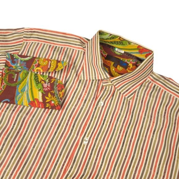 Ted Baker Striped Button Down‎ Shirt Mens 16.5 L Paisley Trim Cuffs Long Sleeve - Picture 1 of 12